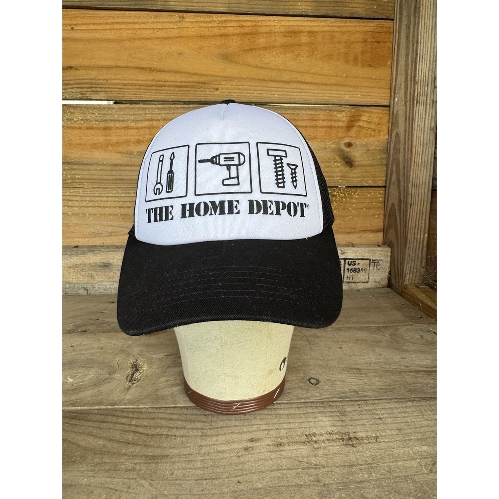 Vintage Home Depot Trucker Hat Black/White Foam Front Mesh Back SnapBack